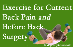 Severna Park exercise benefits patients with non-specific back pain and pre-back surgery patients though it is not often prescribed as much as opioids.