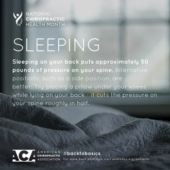 Back And Neck Care Center recommends putting a pillow under your knees when sleeping on your back.